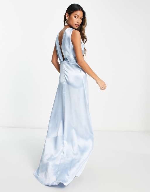 Vila L invitee Robe longue satinee a col V avec traine Bleu pastel