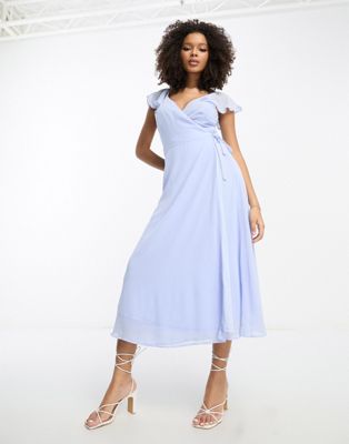 Vila Bridesmaid wrap full skirt maxi dress with flutter sleeves in blue - ASOS Price Checker