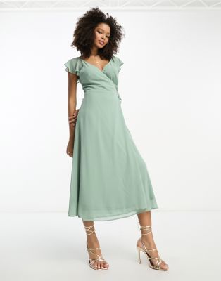 Vila Bridesmaid wrap full skirt maxi dress with flutter sleeves in green - ASOS Price Checker