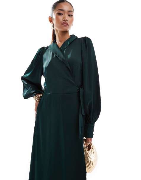 Vila - L'invitée - Robe portefeuille longue en satin - Vert - view 1