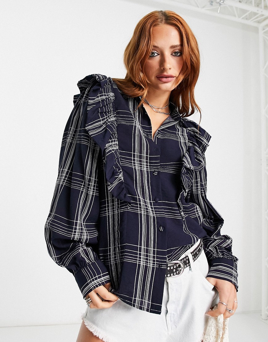 Vila long sleeve button down shirt with shoulder ruffles in navy check