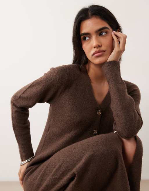 Vila long sleeve button front knit maxi dress in chocolate brown, 2 of 4
