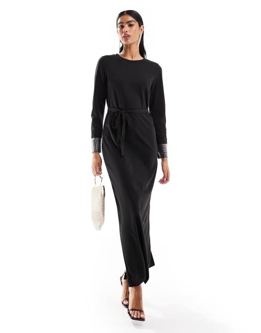 Vila long sleeve diamante cuff maxi dress in black 