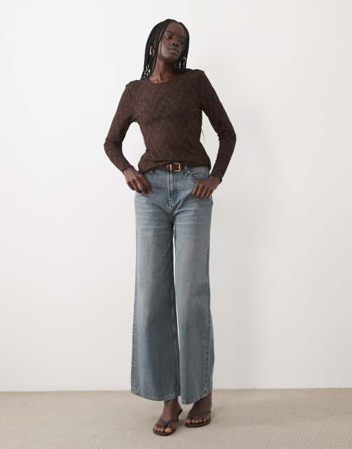 Vila long sleeve floral detail mesh top in chocolate brown, 2 of 4