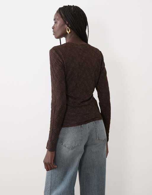 Vila long sleeve floral detail mesh top in chocolate brown, 4 of 4