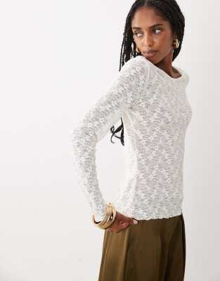 Vila Long Sleeve Floral Detail Mesh Top In White