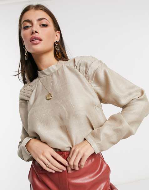 Vila long sleeve high neck blouse in beige