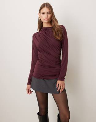 Vila Long Sleeve High Neck Ruched Top In Red