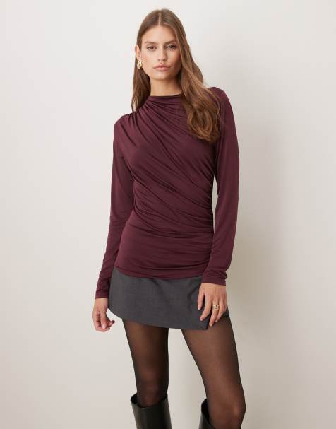 VILA long sleeve high neck ruched top in burgundy - view 1