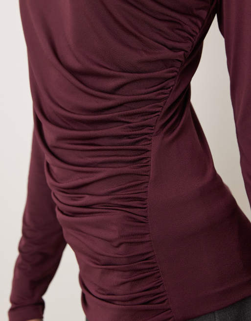 Vila long sleeve high neck ruched top in burgundy, 2 of 4