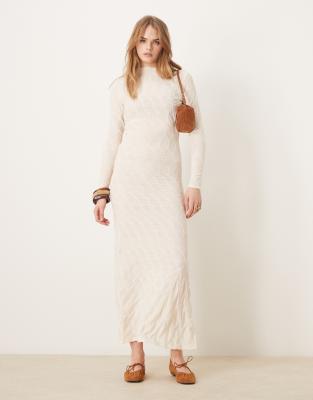 long sleeve high neck textured maxi dress in birch cream-Neutral