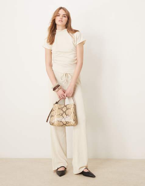 Vila long sleeve high neck textured top and stretch wide leg trouser set in birch cream - view 1