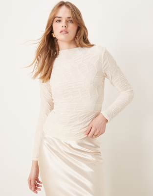 long sleeve high neck textured top in birch cream-Neutral