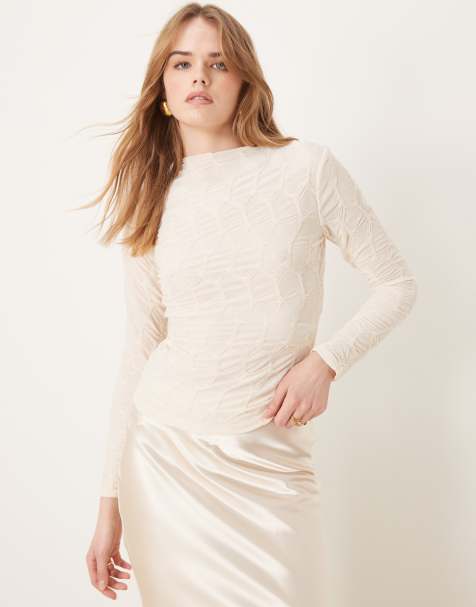 VILA long sleeve high neck textured top in birch cream - view 1