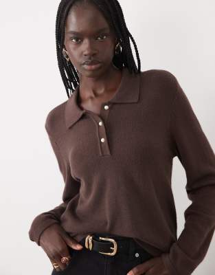 Vila Long Sleeve Knit Polo Top With Pearl Buttons In Brown
