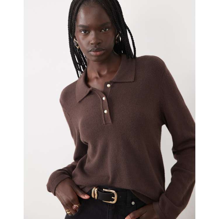 VILA long sleeve knit polo top with pearl buttons in chocolate