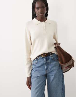 Vila Long Sleeve Knit Polo Top With Pearl Buttons In White