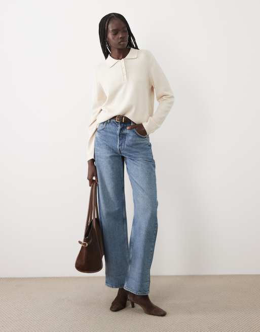 VILA long sleeve knit polo top with pearl buttons in cream melange, 2 of 4