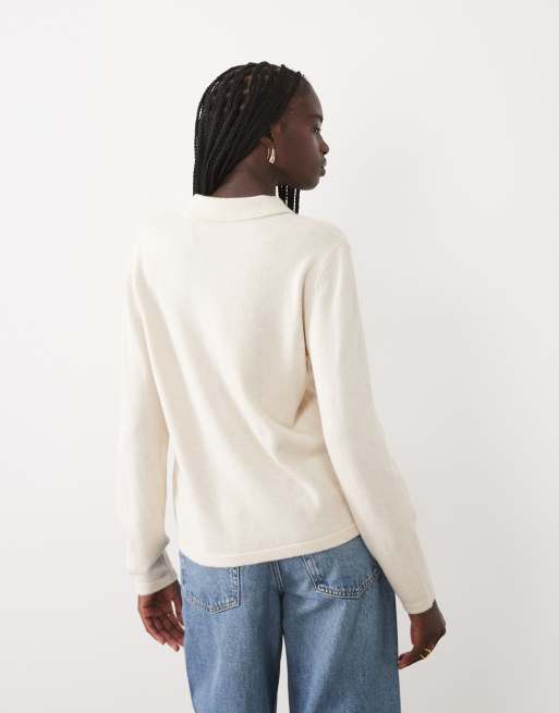 VILA long sleeve knit polo top with pearl buttons in cream melange, 4 of 4
