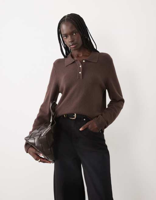 Vila long sleeve knitted polo top with pearl buttons in chocolate brown, 3 of 4
