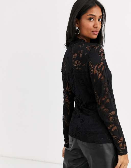 Long Sleeve V Neck Lace Top In Black, VILA