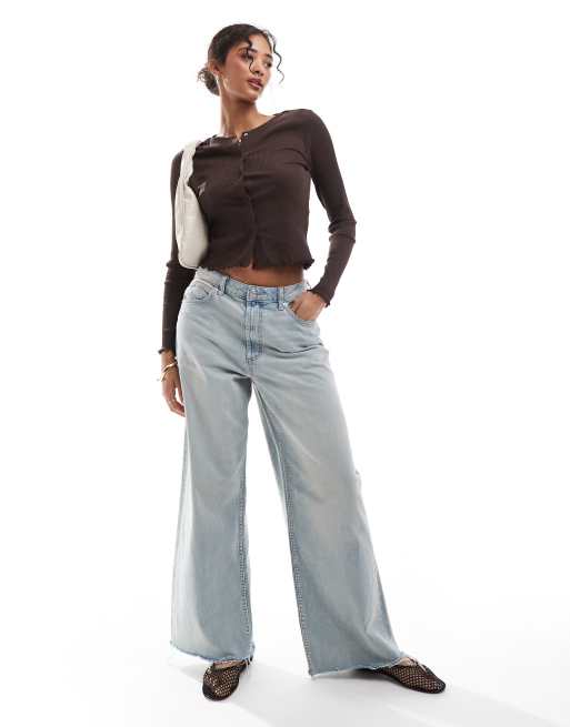 Vila long sleeve lettuce edge t-shirt with popper front in brown, 2 of 4