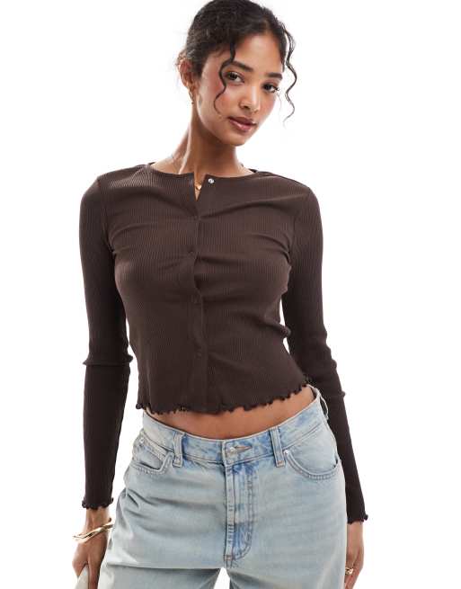 Vila long sleeve lettuce edge t-shirt with snap front in brown