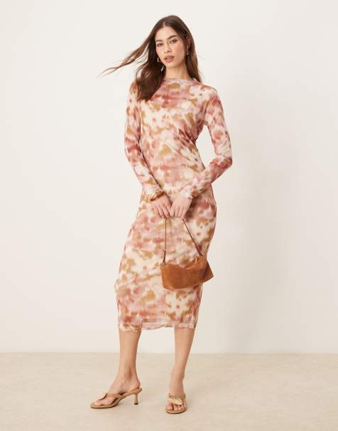 VILA long sleeve mesh midi dress in rose and birch smudge print - view 1