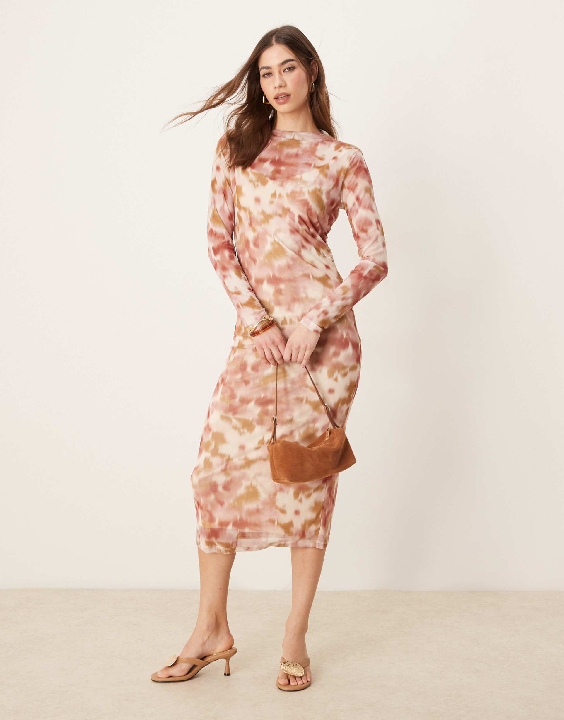 vila long sleeve mesh midi dress in rose and birch smudge print