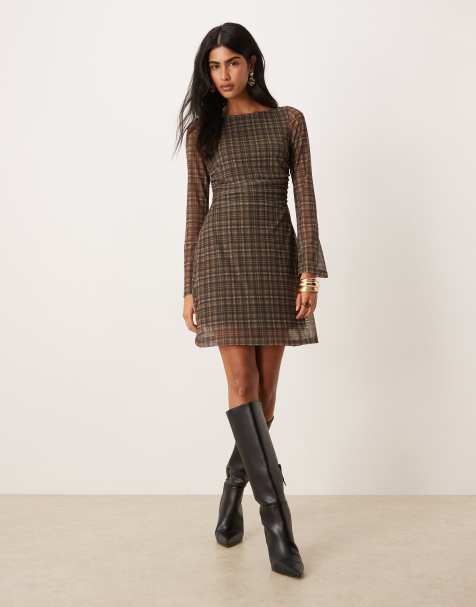 Vila long sleeve mesh mini dress in brown check - view 1