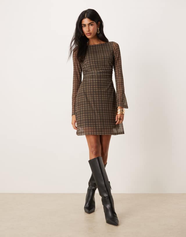 Vila long sleeve mesh mini dress in brown check | ASOS