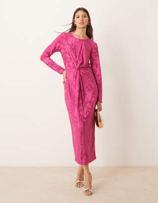 long sleeve midi dress in fuschia pink