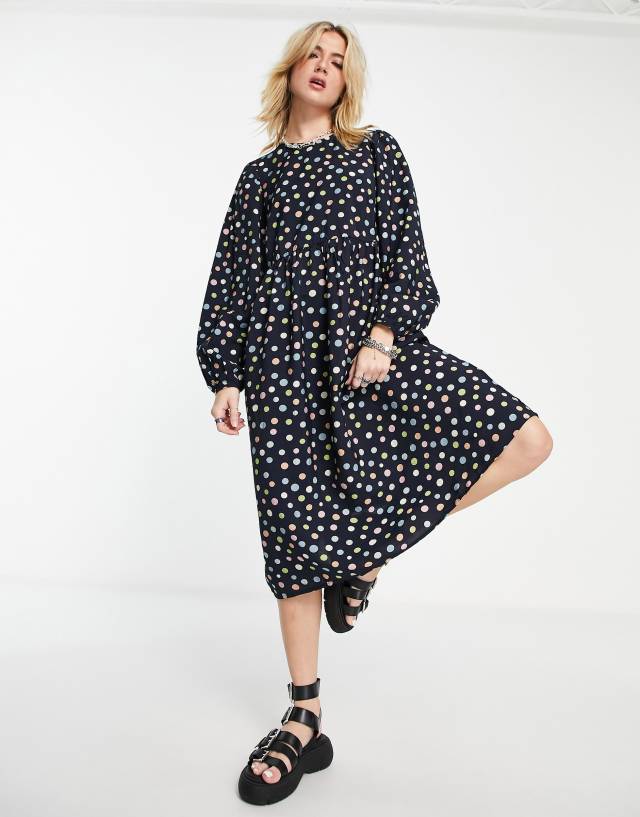 Vila - long sleeve midi dress in navy print