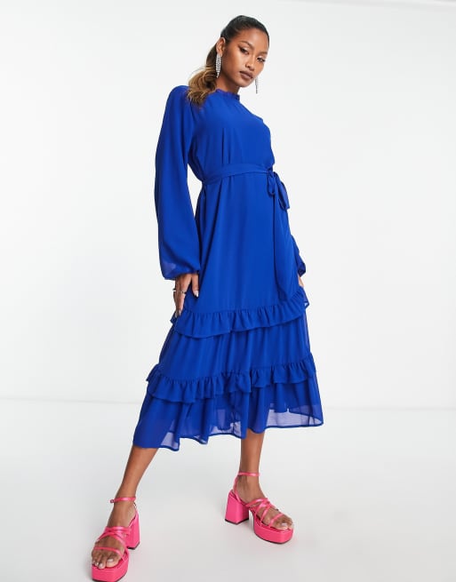 Vila long sleeve midi dress with ruffle tiered hem in blue | ASOS