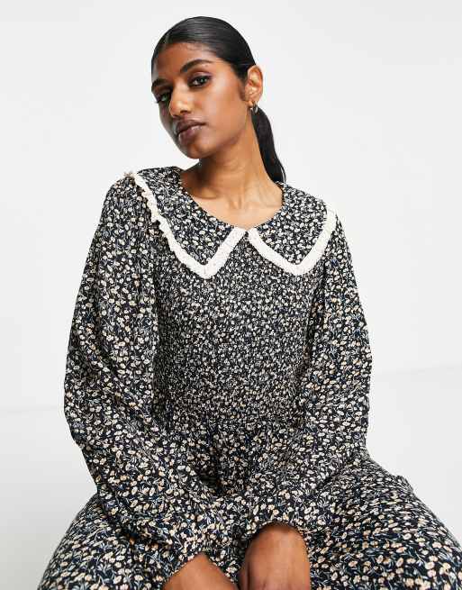 long sleeve midi smock dress Vila long sleeve midi smock dress with collar in black floral