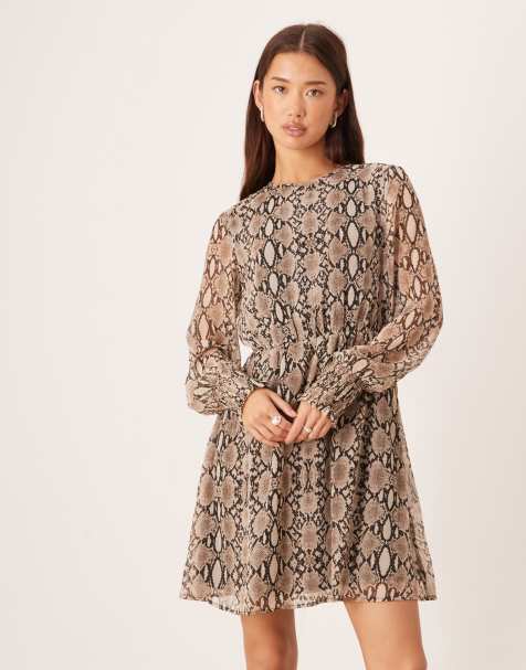 Vila long sleeve mini dress in neutral snake print - view 1