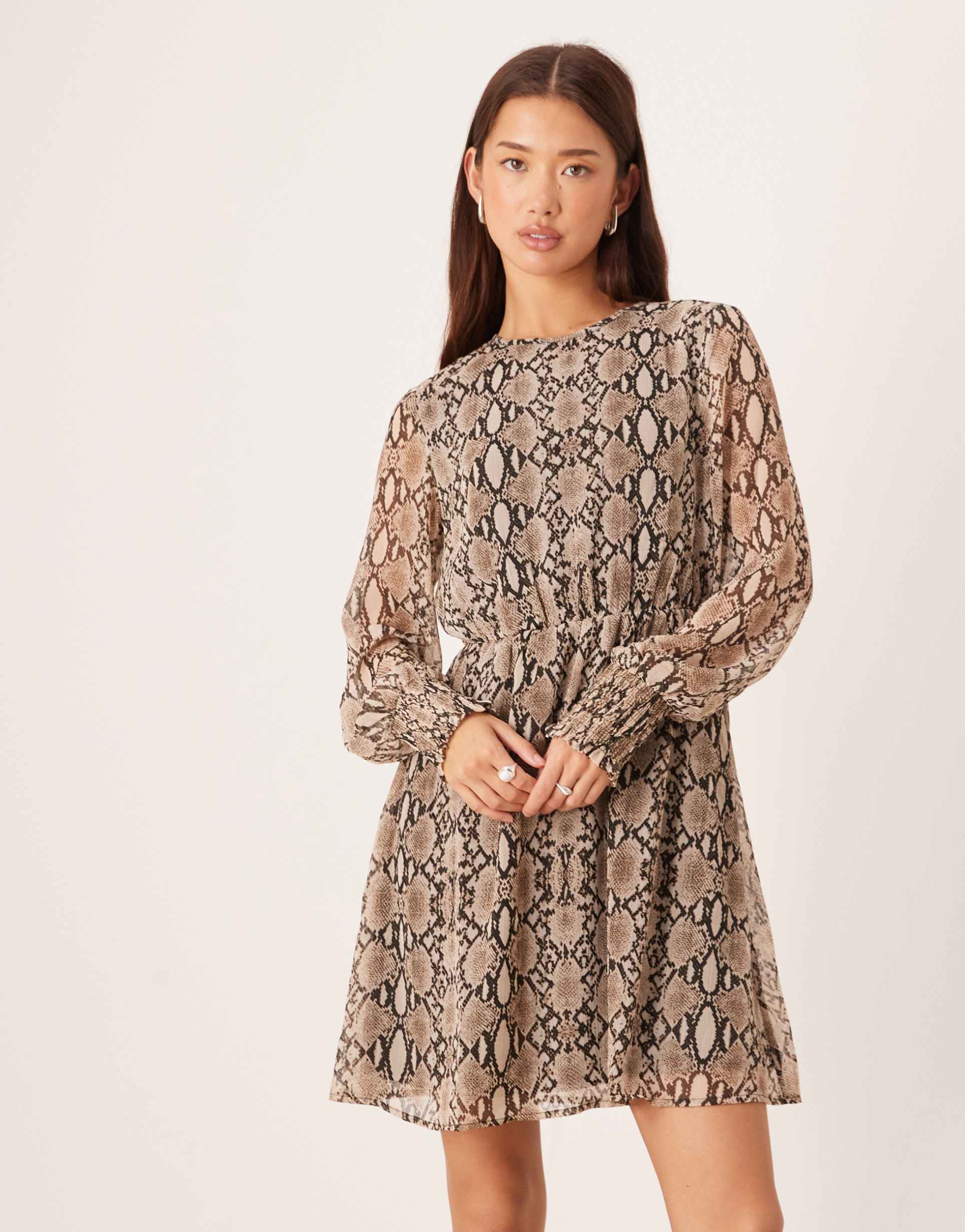 vila long sleeve mini dress in neutral snake print