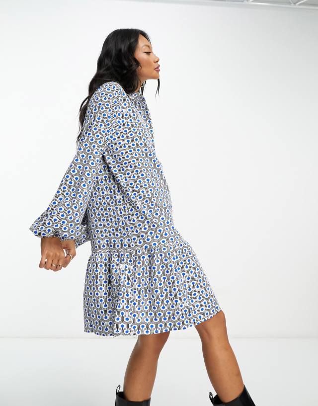 Vila - long sleeve mini shirt dress in  blue print