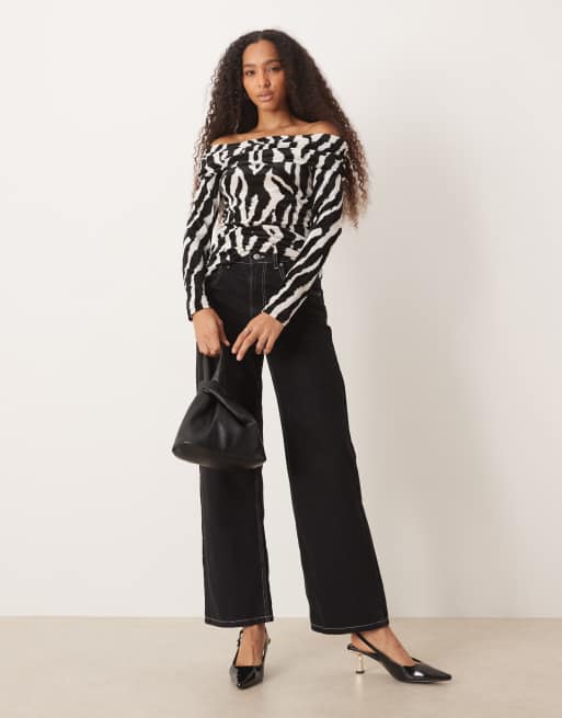 VILA long sleeve off shoulder top in flocked zebra print, 2 of 4