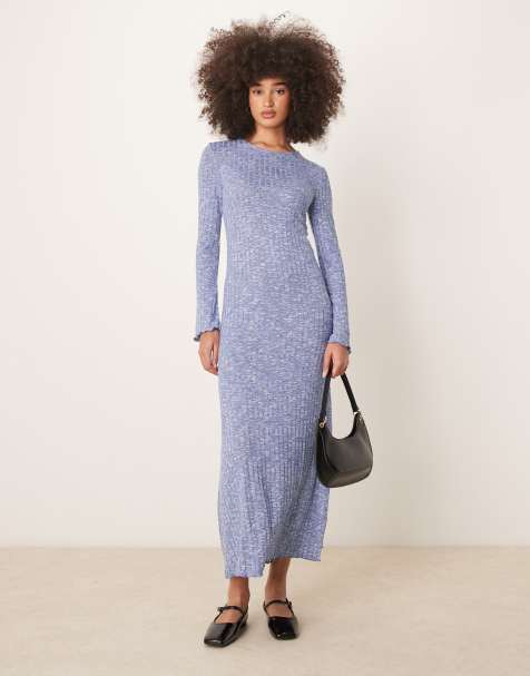 Vila long sleeve rib maxi dress in blue melange - view 1