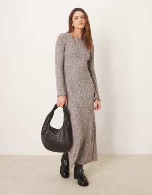 long sleeve rib maxi dress in chocolate melange-Brown