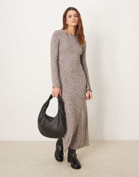 Vila long sleeve rib maxi dress in chocolate melange - view 1
