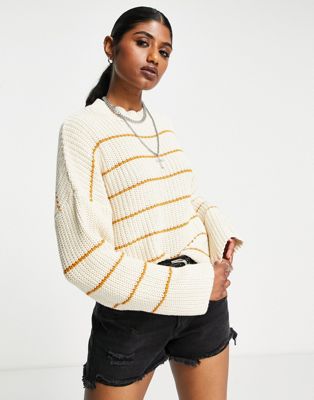 Vila long sleeve ribbed knit jumper in birch with  gold stripes
