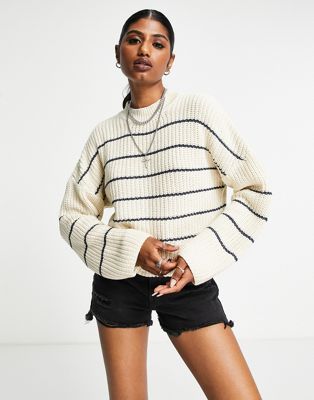 Vila long sleeve ribbed knit jumper in birch with  navy stripes
