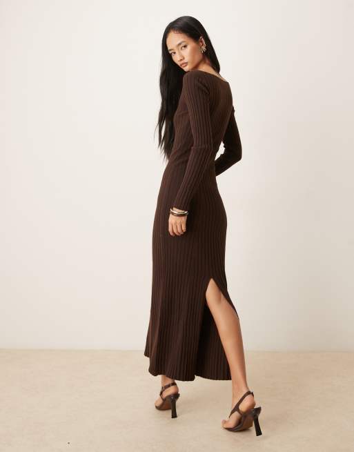 Vila long sleeve ribbed maxi knitted dress in coffee bean brown, 2 of 4