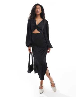 long sleeve satin maxi dress with cut out in black