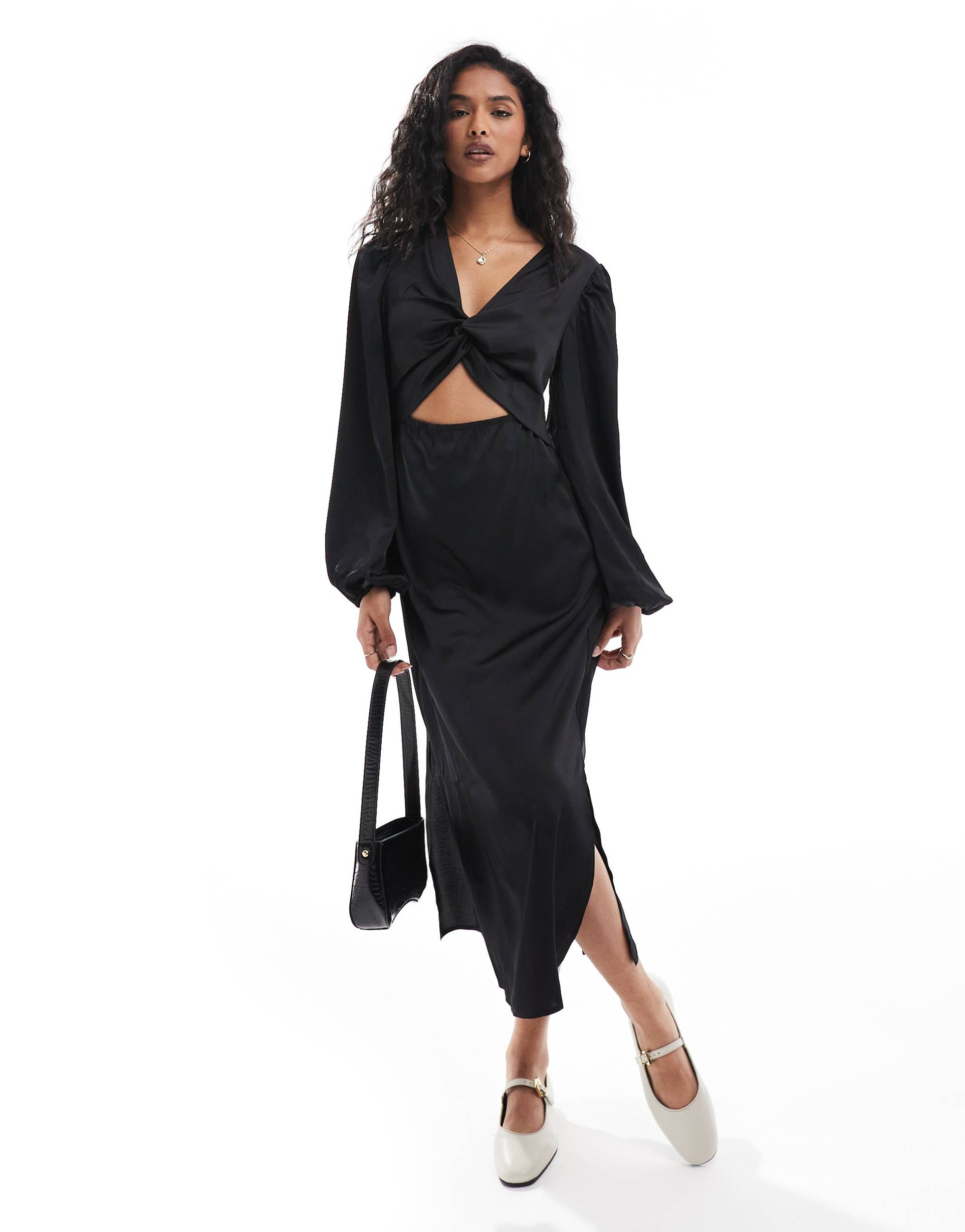 vila long sleeve satin maxi dress with cut out in black