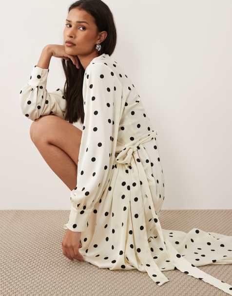 Vila long sleeve satin wrap midi dress in cream polka dot - view 1