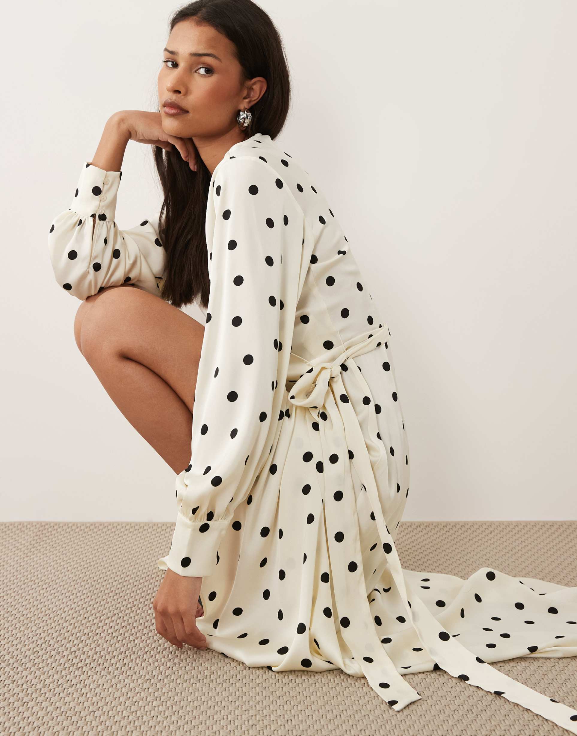 vila long sleeve satin wrap midi dress in cream polka dot