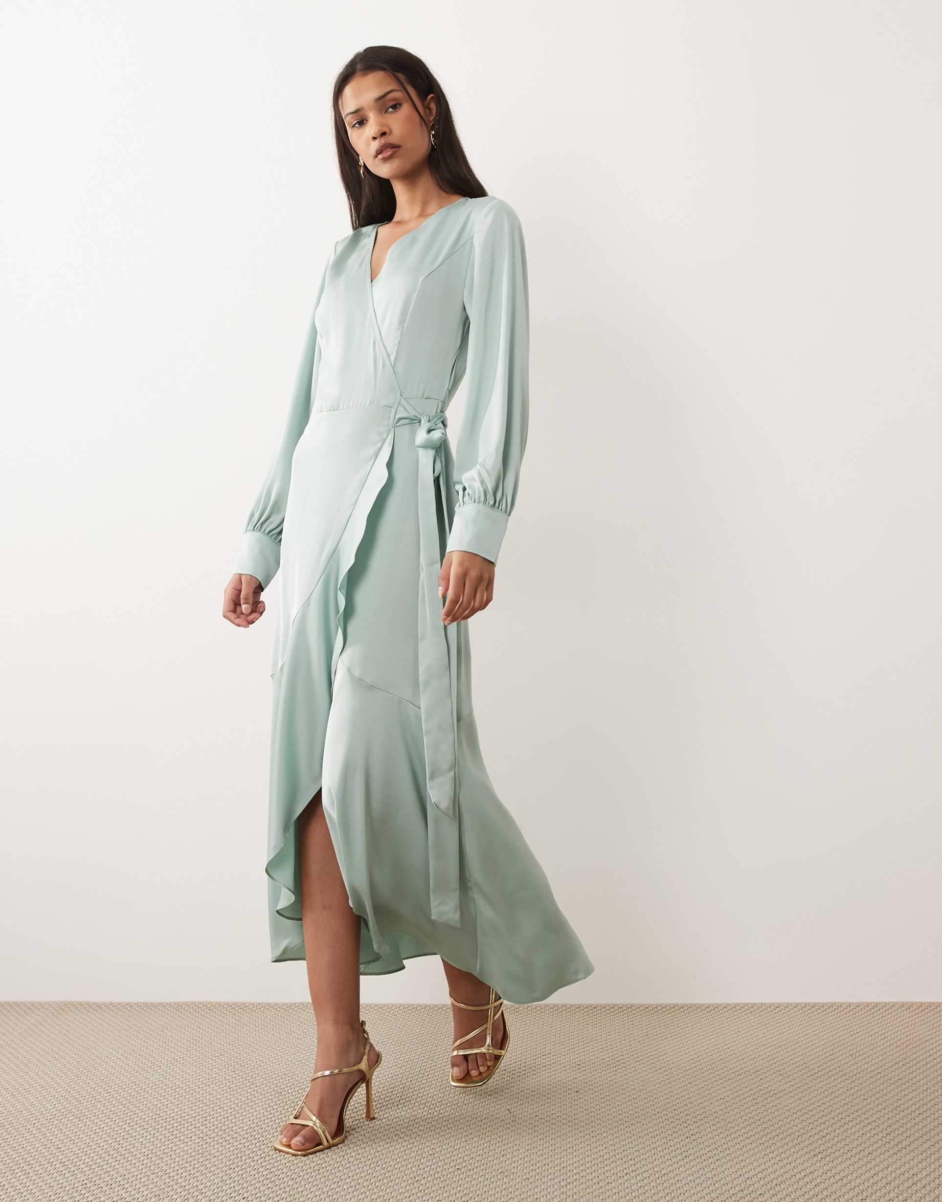 vila long sleeve satin wrap midi dress in green milieu